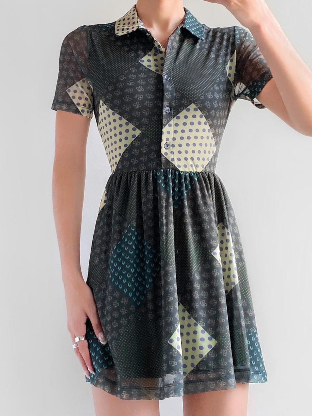 URBAN OUTFITTERS Dress Mini Button Front Mesh Geometric patchwork preppy‎